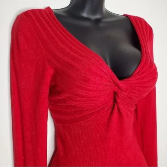 Candies Rich Red Twist Front Sweetheart Neck Fitted Sweater Top - Picture 2 of 8